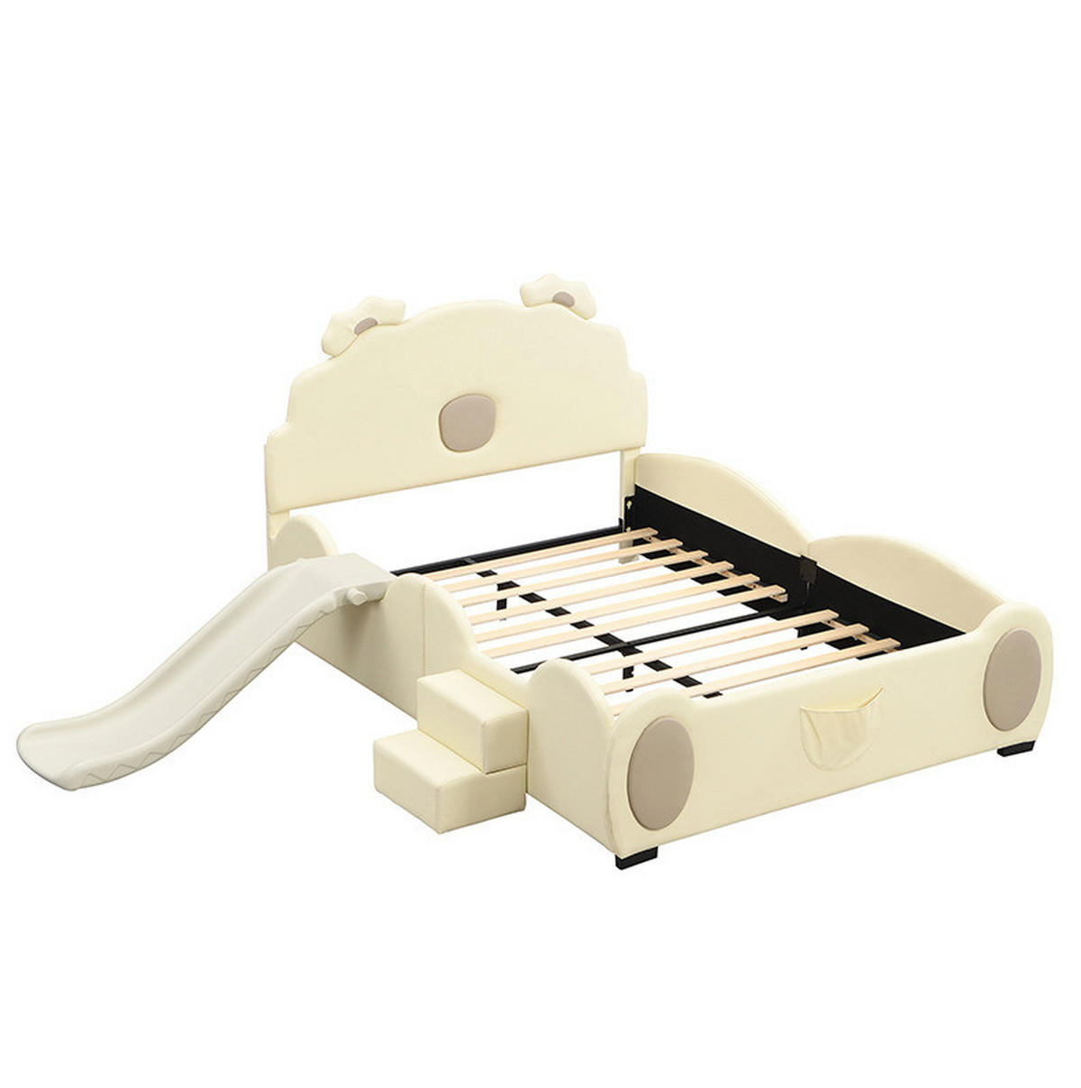 KINDERBETT 140/200 cm mit Rutsche und Leiter im Cartoon-Bärendesign aus PU, Beige - Beige, Kunststoff (140/200cm) - Redom