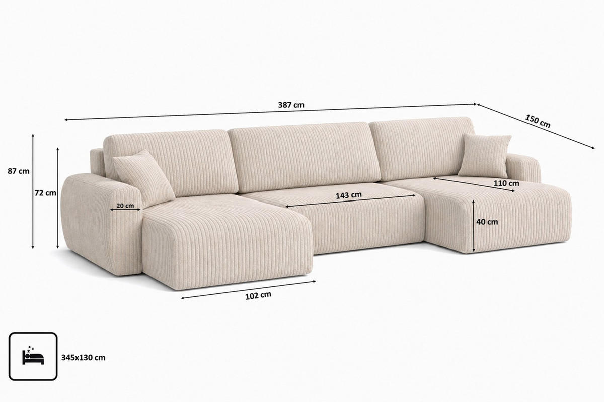 ECKSOFA Mit Schlaffunktion Und Bettkasten U-Form Ariel U XL, Cordstoff Poso, Beige - Beige, Holz (387/142cm) - Kaiser Möbel