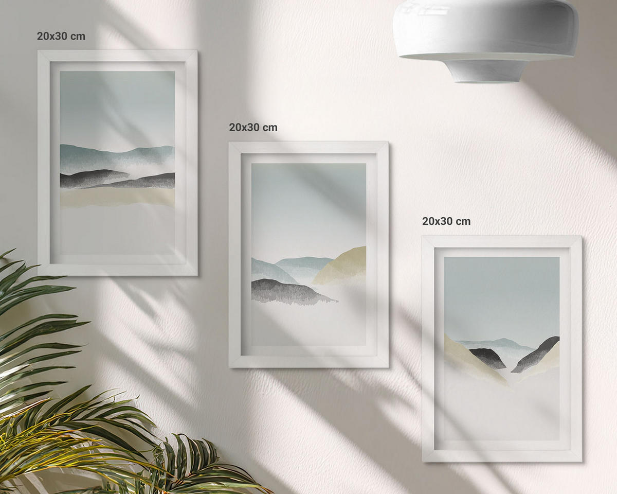 WANDBILDER 3er-Set - 20x30 cm Weißer Rahmen - Minimalistische Pastellberge - Weiß, Kunststoff (20/30cm) - ArtPrintCave