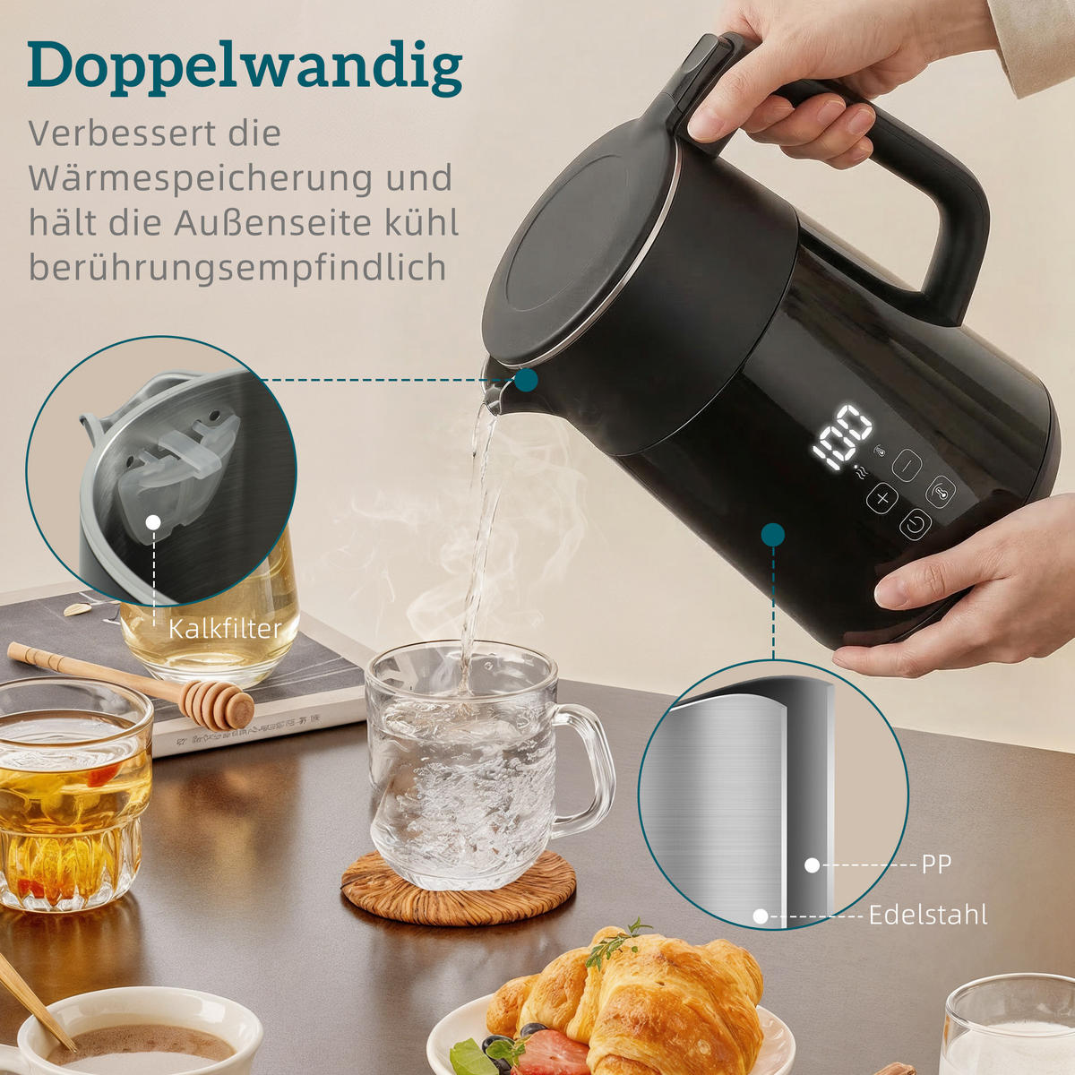 WASSERKOCHER DE-07952 1,7 L, 2200W, LED-Display, Warmhaltefunktion Schwarz - Schwarz, Metall (15.5/26/21.8cm) - ComfortXL
