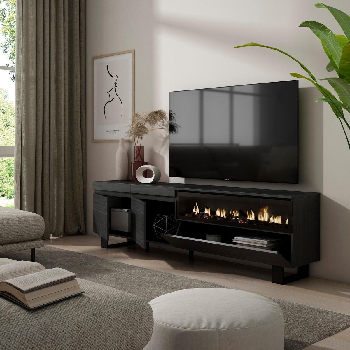 TV-SCHRANK schwarz, mit Elektrokamin, 200/35/57cm - Schwarz, Holzwerkstoff (200/57/35cm) - Skraut Home