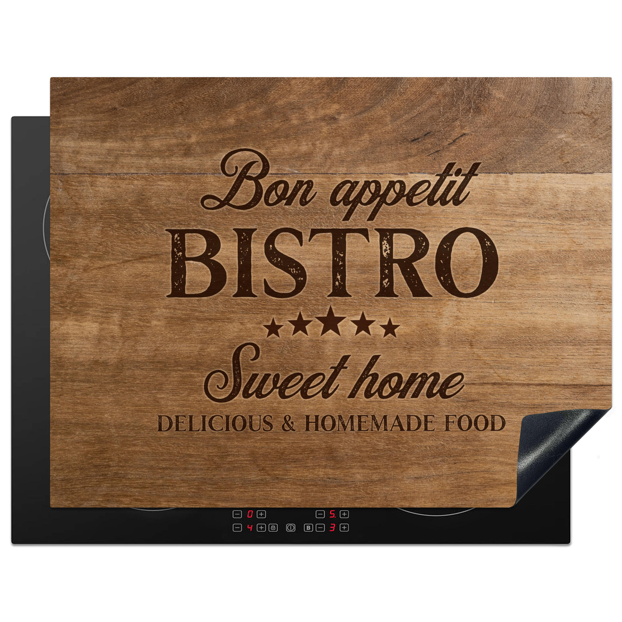 HERDABDECKPLATTE Zitat - Bistro - Guten Appetit - Süßes Zuhause - Holzmaserung 77x59 cm - Braun, Kunststoff (77/0.2/59cm) - MuchoWow