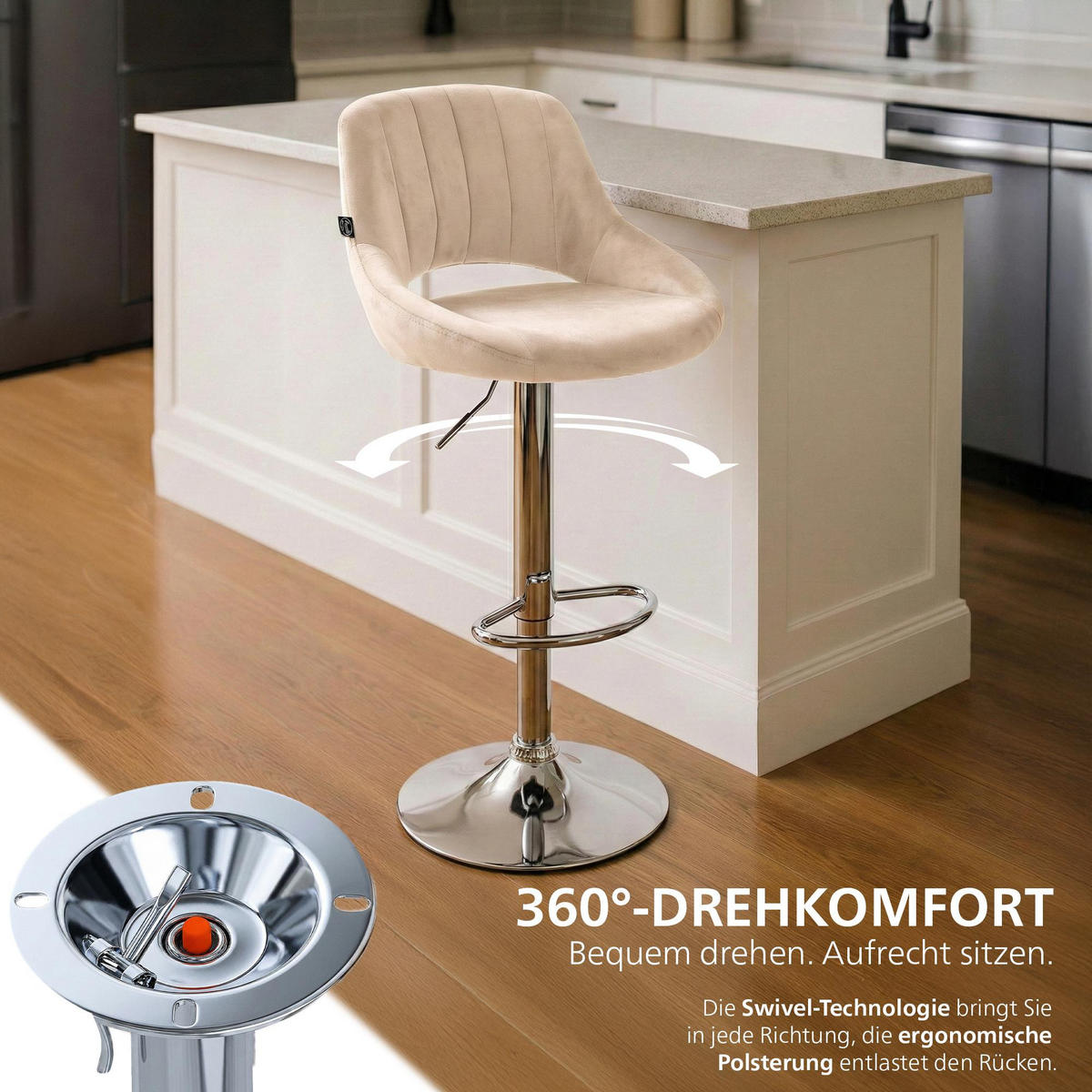 BARHOCKER Samt Creme - Chromfarben/Creme, Textil/Metall (47/85/48cm) - CLP