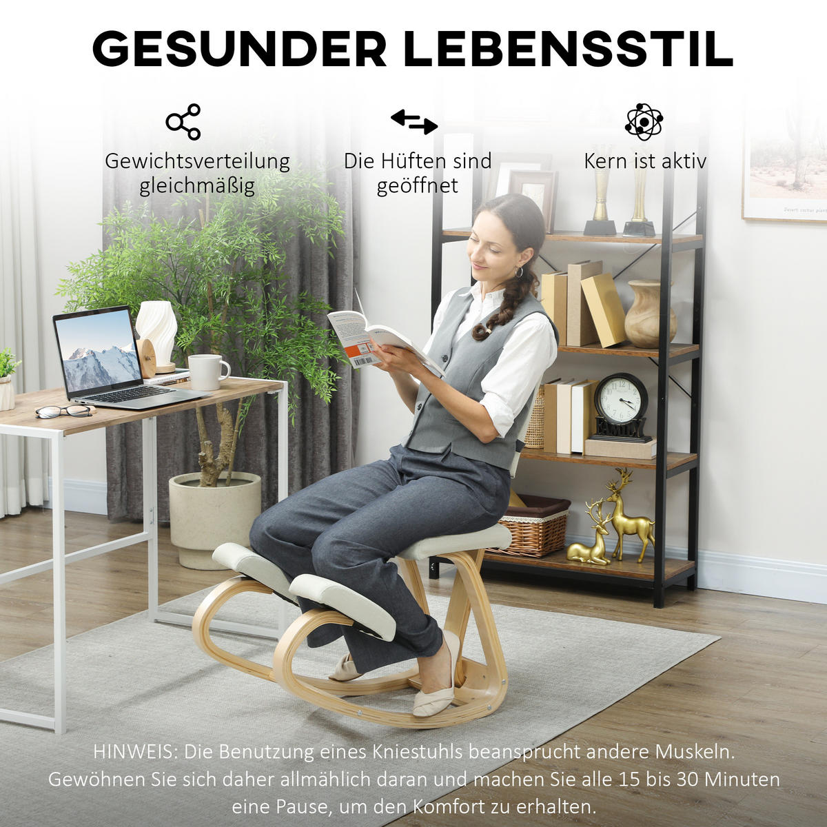ERGONOMISCHER Kniestuhl, Kniehocker Gesundheitsstuhl für Zuhause, Büro Creme - Creme, Holz/Textil (51/93/84cm) - HOMCOM