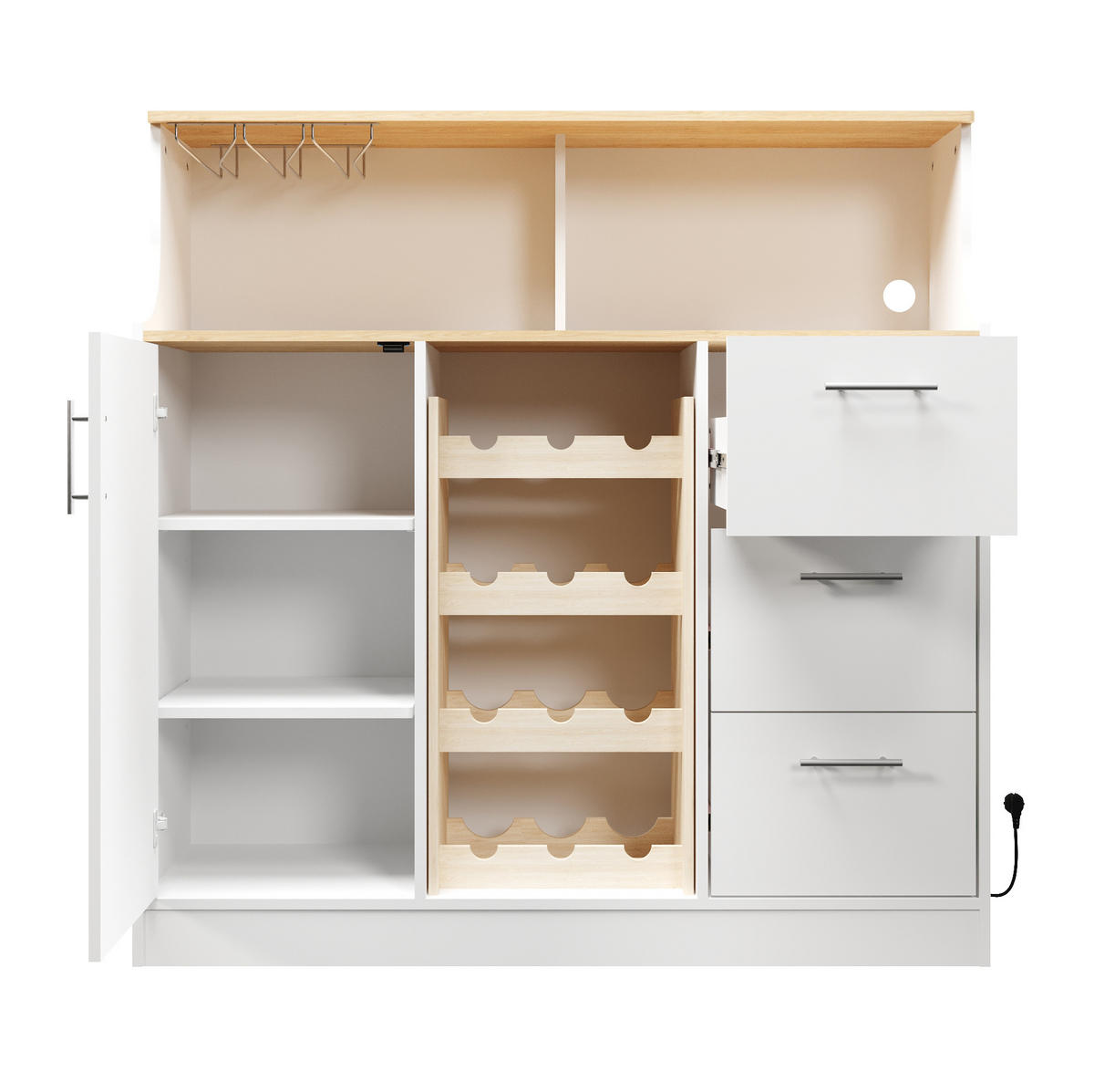 SIDEBOARD 120/40/121 cm mit LED-Beleuchtung, Steckdose und Weinregal, Weiß/Natur - Weiß, Holzwerkstoff (120/121/40cm) - Redom