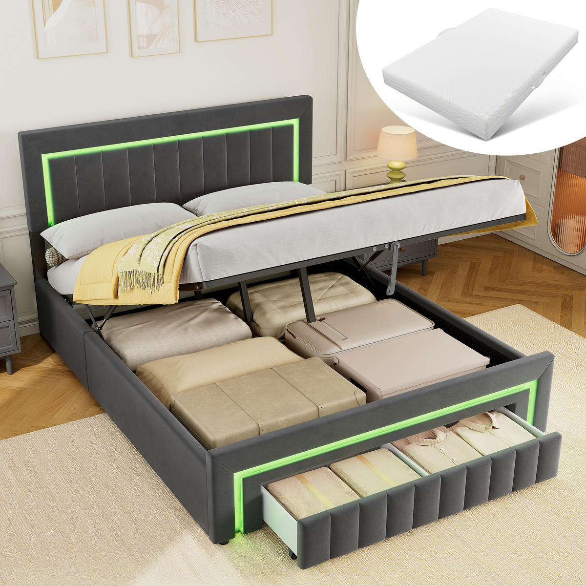 POLSTERBETT 160/200 mit Matratze und Bettkasten, mit Schubladen und LED, in Grau - Grau, Holzwerkstoff/Textil (160/200cm) - STILVORA