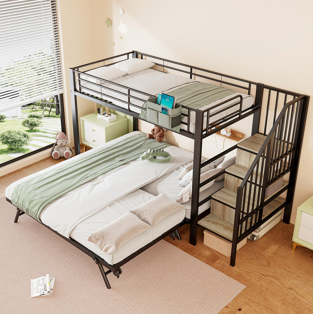 ETAGENBETT 90/200 cm mit Ausziehbett, Stauraumtreppe und Stofftasche, Metall, Schwarz - Schwarz, Metall (90/200cm) - Redom
