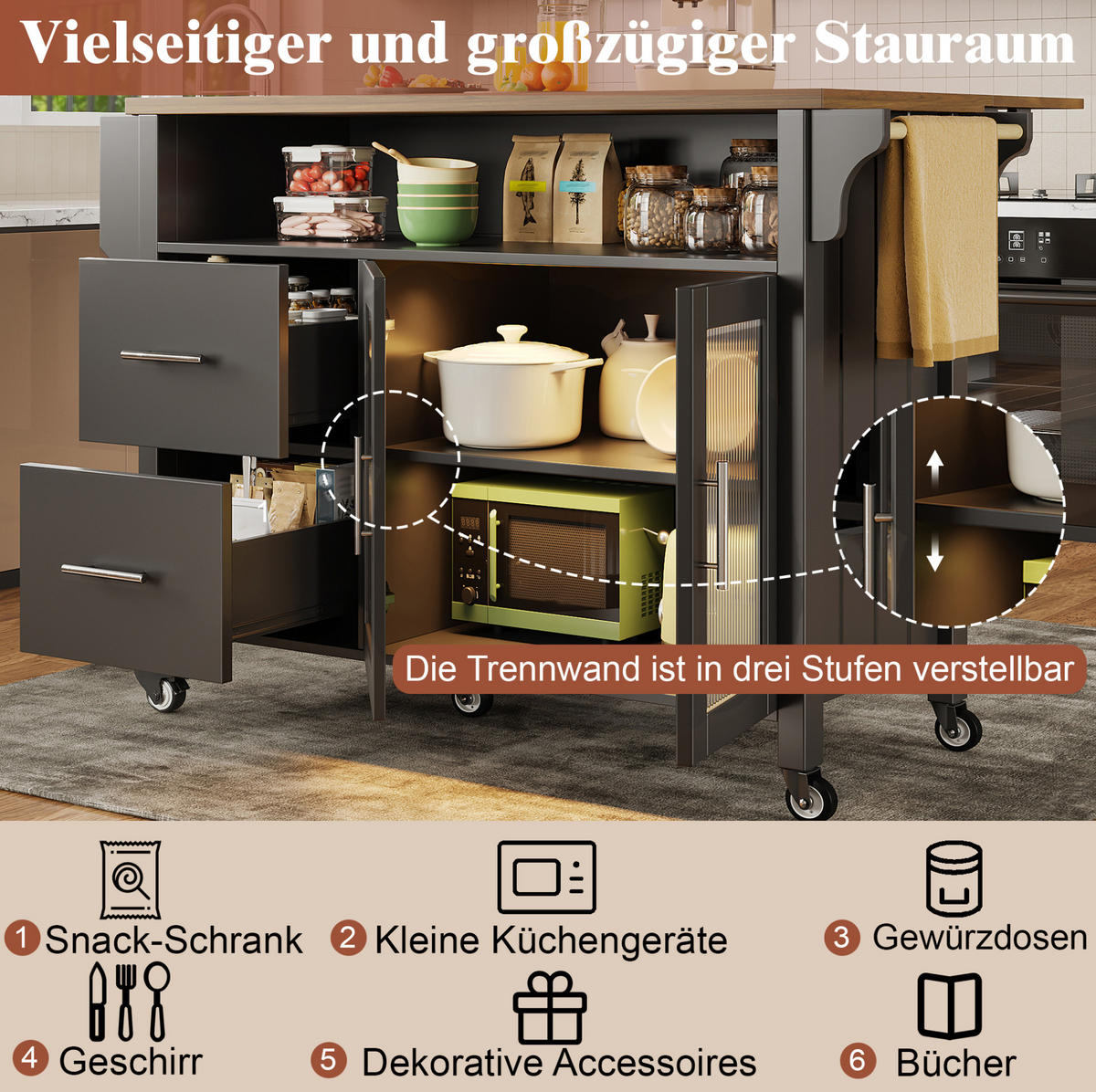 KÜCHENINSEL mit klappbarer Arbeitsplatte 139 x 40/65 x 94 cm Schwarz - Schwarz, Holz (40/94.5/139cm) - Beauniv