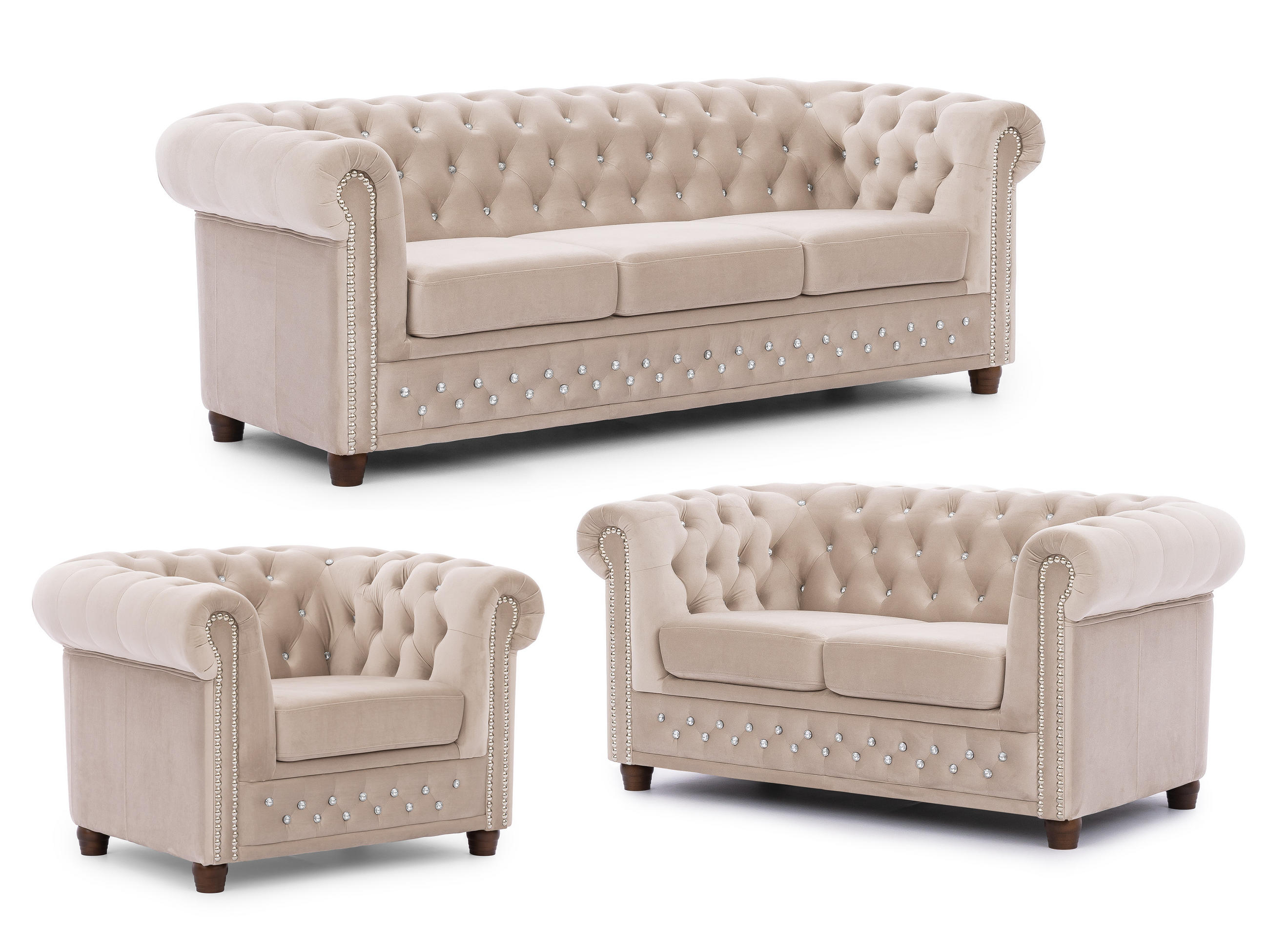 SITZGARNITUR 3+2+1 Chesterfield Cleo Blink Beige Samt mit Kristallsteppung und braunen Massivholzfüßen - Beige/Braun, Holz/Textil (203/72/86cm) - S-Style Möbel