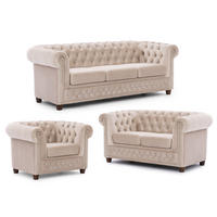 SITZGARNITUR 3+2+1 Chesterfield Cleo Blink Beige Samt mit Kristallsteppung und braunen Massivholzfüßen - Beige/Braun, Holz/Textil (203/72/86cm) - S-Style Möbel