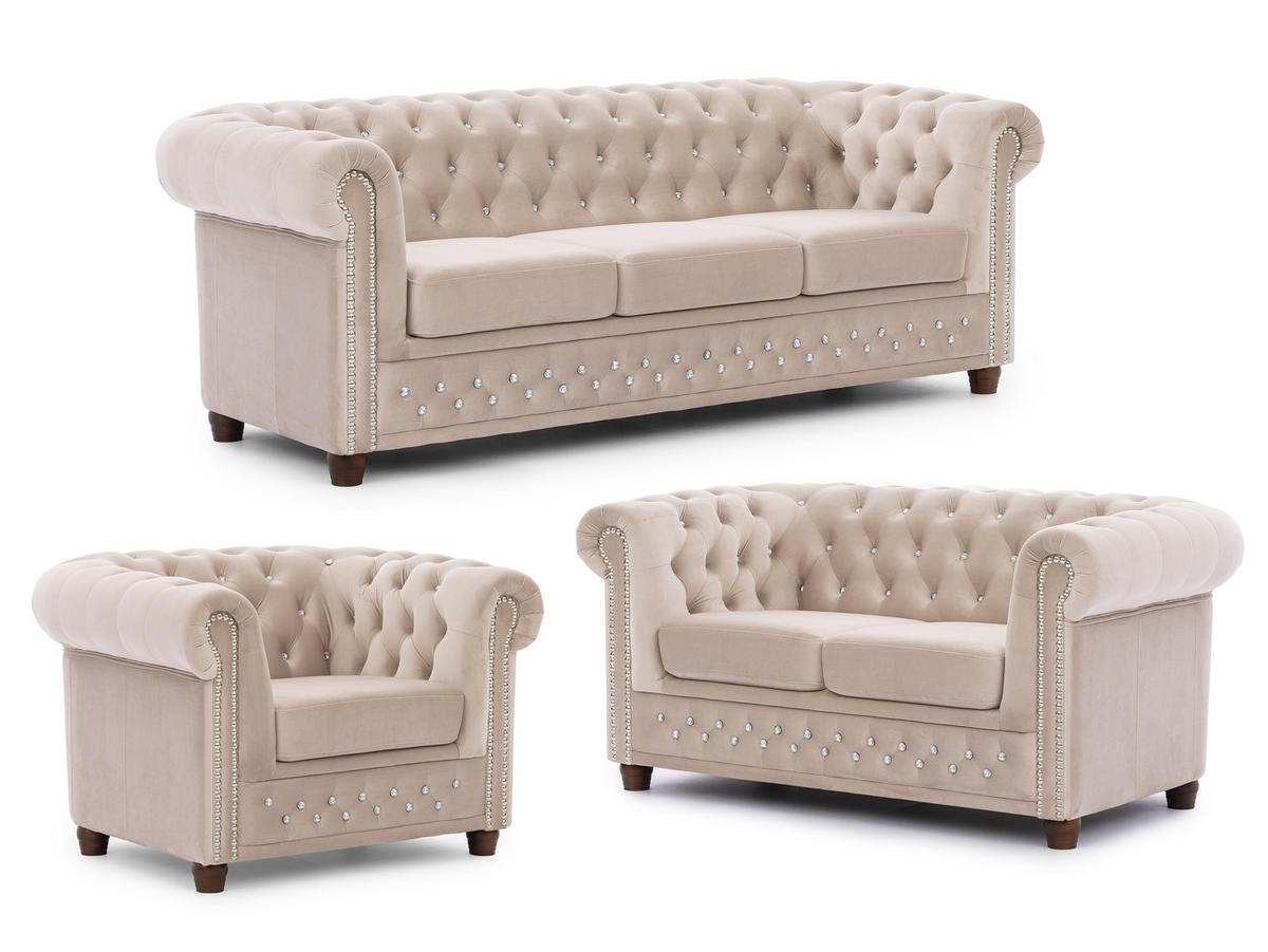 SITZGARNITUR 3+2+1 Chesterfield Cleo Blink Beige Samt mit Kristallsteppung und braunen Massivholzfüßen - Beige/Braun, Holz/Textil (203/72/86cm) - S-Style Möbel