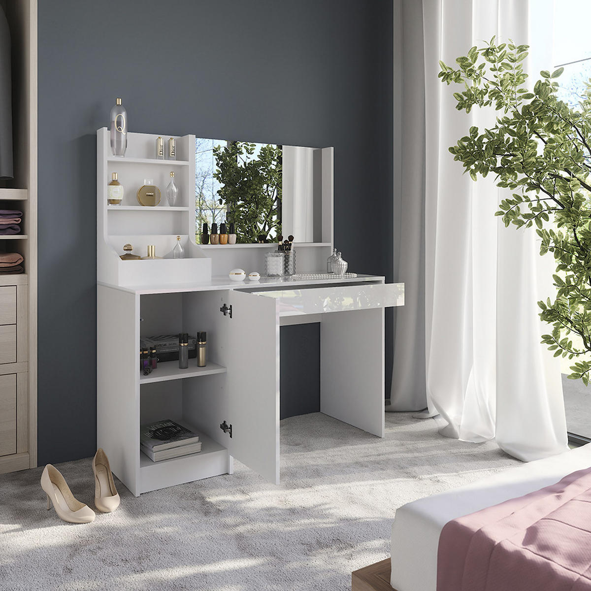 SCHMINKTISCH Sherry Weiß/Weiß Hochglanz 119.8 cm 3 Teile - Weiß Hochglanz, Holzwerkstoff (119.8/76/50.1cm) - Vicco