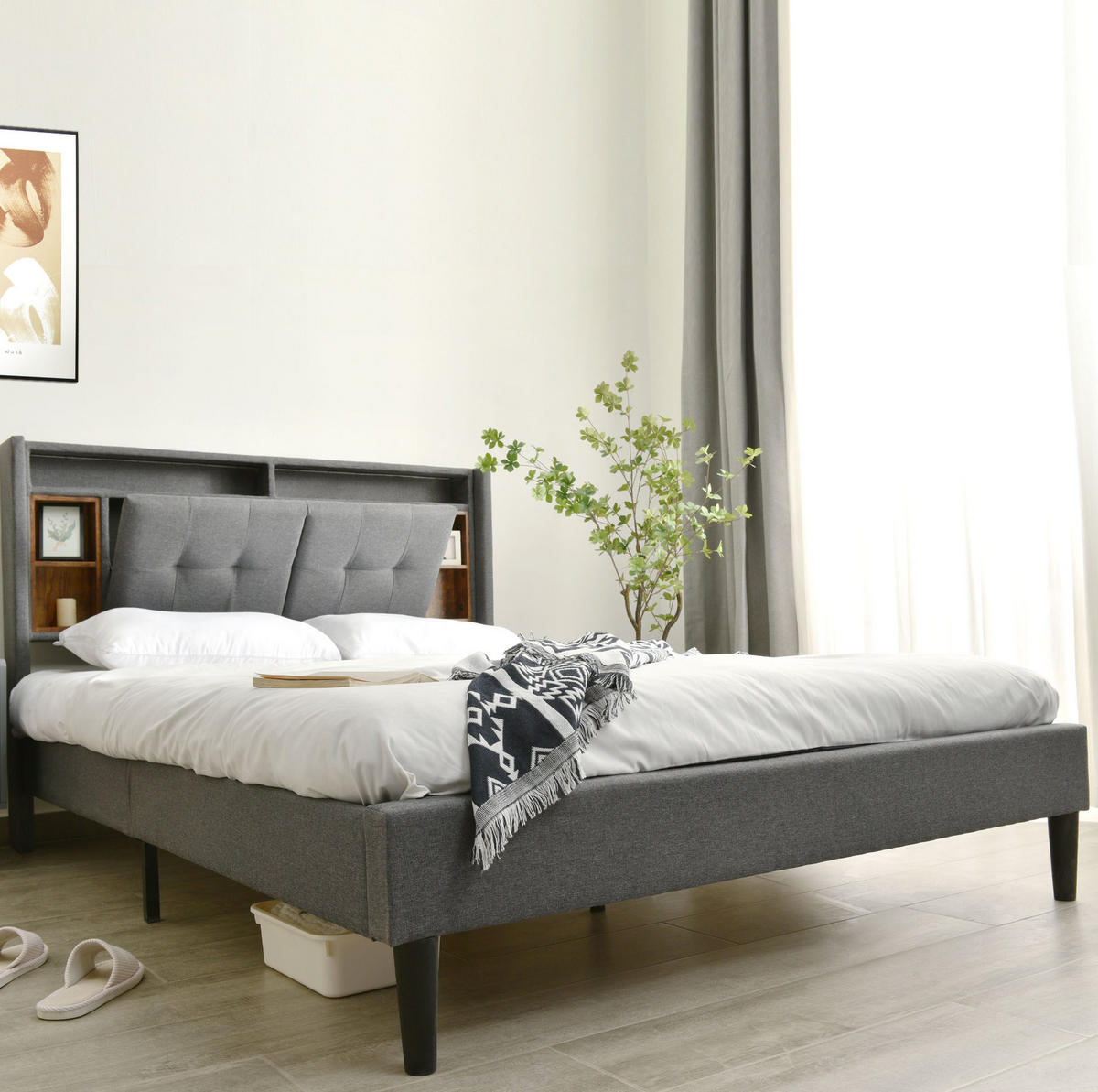 POLSTERBETT aus Massivholz 140x200 cm in Grau mit LED & USB-Ladestation - Grau, Holz (140/200cm) - Modfu
