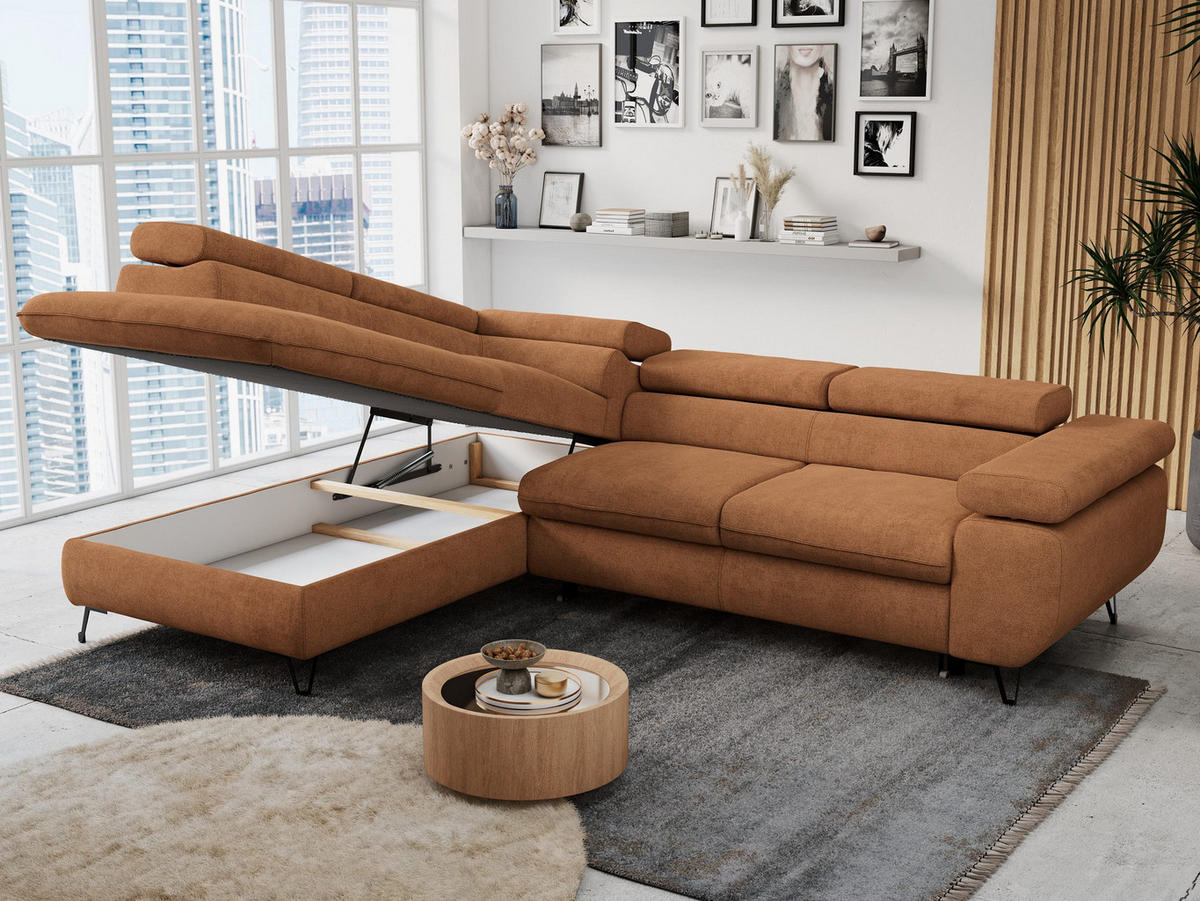 ECKSOFA PETER L Orange Struktur - Links Seite - Schwarz/Orange, Textil/Metall (208/273cm) - MKS