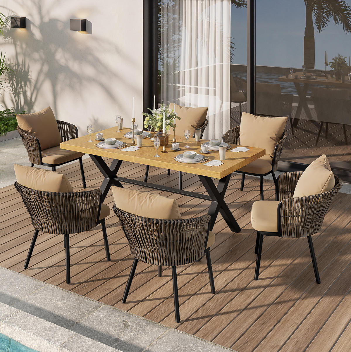 GARTEN-ESSGRUPPE 150/75/75 cm khaki/natur aus Eisen und Polyester für 6 Personen - Naturfarben, Metall - OKWISH