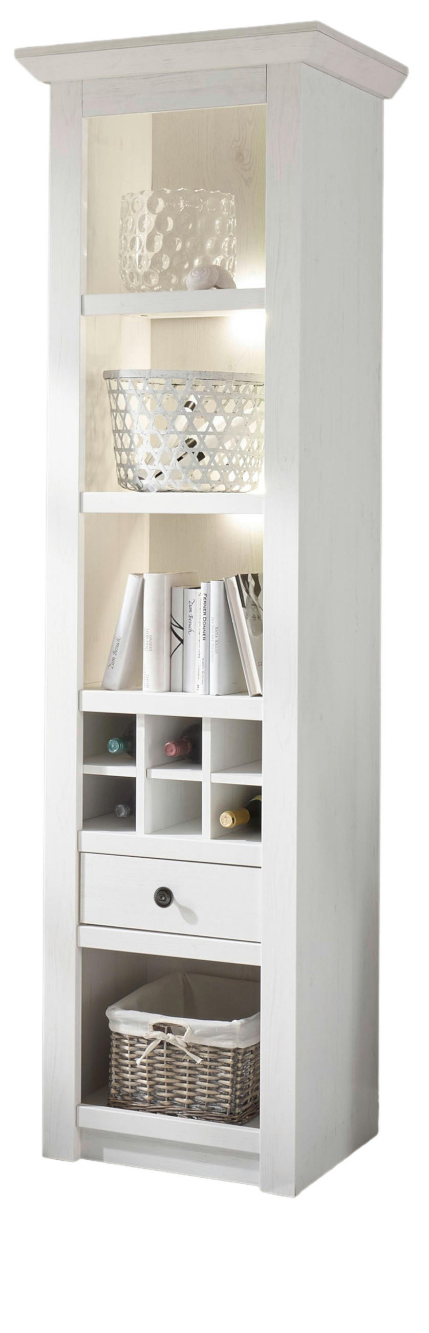 REGAL weiß Pinie 58 x 207 cm Landhaus, Vitrine mit Weinregal - Schwarz/Weiß, Holzwerkstoff/Metall (58/207/45cm) - Furn.Design
