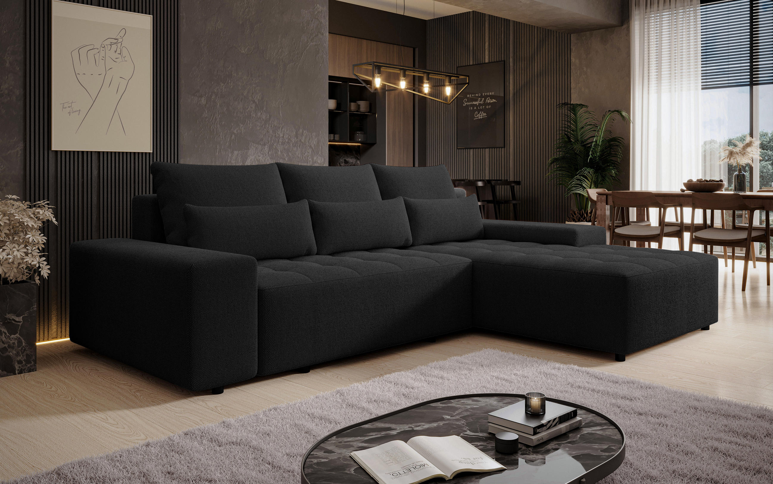 ECKSOFA L Form Alvorada Schwarz 280/184/88 cm – modernes Sofa fürs Wohnzimmer - Schwarz, Kunststoff/Textil (280/184cm) - AX Living