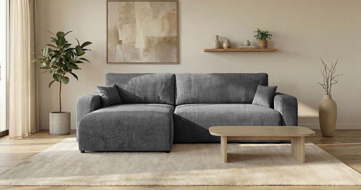 ROHOVÁ pohovka BERLIN levá tmavě šedá manšestr Poso 60 - funkce spaní, úložný prostor - antracitová, textil (285/185cm) - Cornero