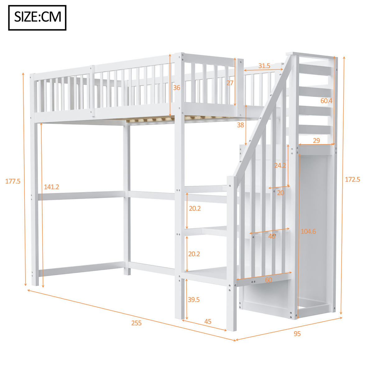 HOCHBETT aus Holz 90x200 cm in Weiß mit Treppe & Kleiderschrank - Weiß, Holz (90/200cm) - Modfu