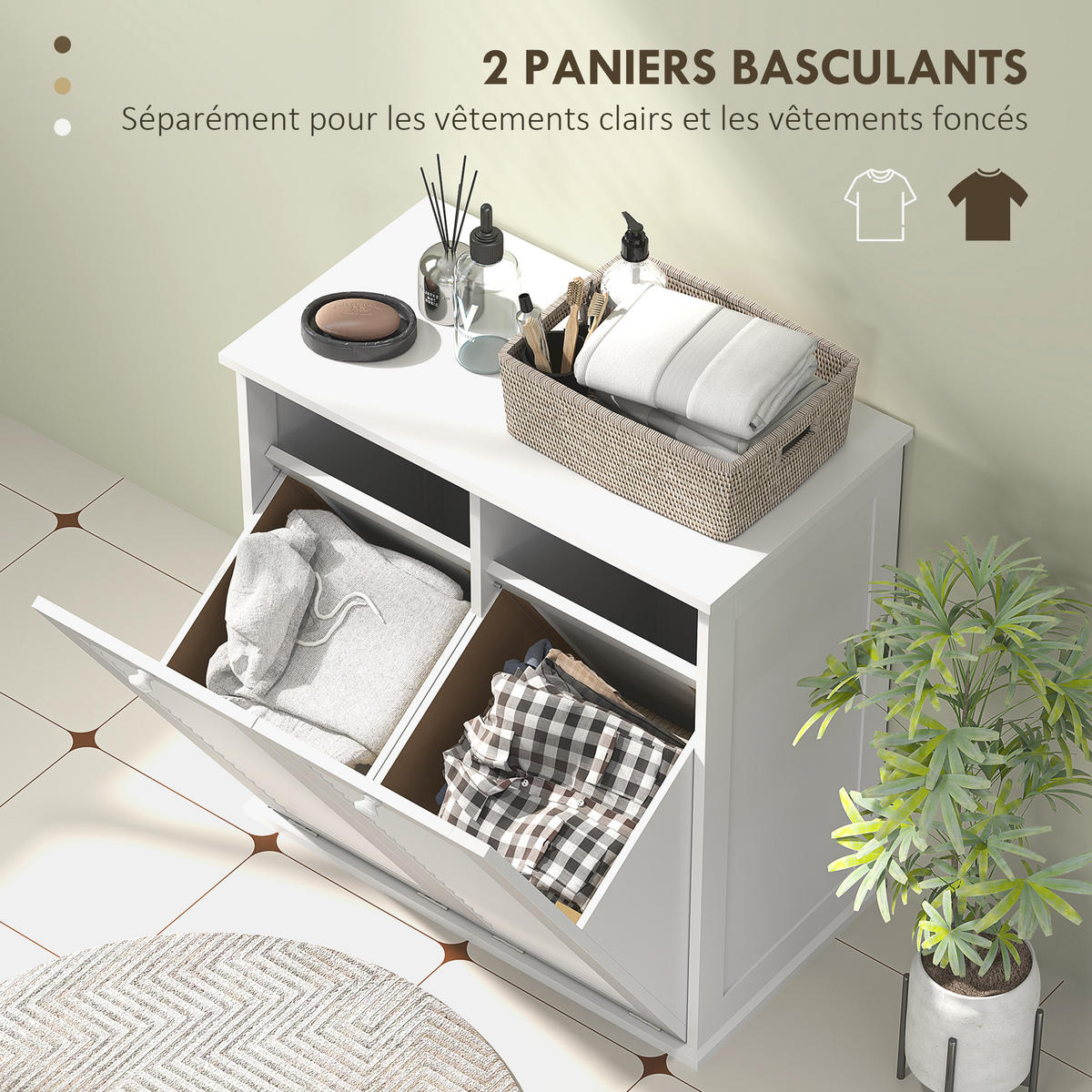MIDISCHRANK DE-17347 2 Wäschekörbe mit Lamellentüren Weiß - Weiß, Holzwerkstoff (70/73/38cm) - ComfortXL