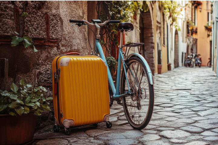 Ein Fahrrad steht neben einem Koffer auf einer gepflasterten Straße.