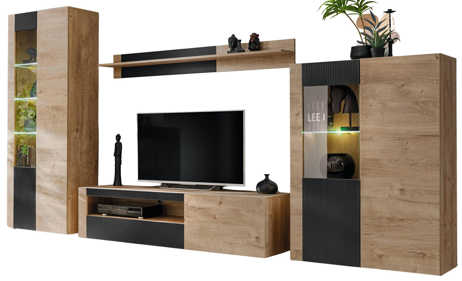 WOHNWAND Eiche, schwarz 4-teilig 350 cm, Schrankwand inklusive Beleuchtung - Eichefarben/Schwarz, Glas/Holzwerkstoff (350/197/45cm) - Inn.Furn