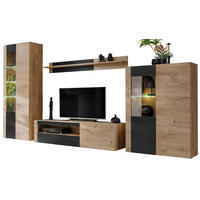 WOHNWAND Eiche, schwarz 4-teilig 350 cm, Schrankwand inklusive Beleuchtung - Eichefarben/Schwarz, Glas/Holzwerkstoff (350/197/45cm) - Inn.Furn