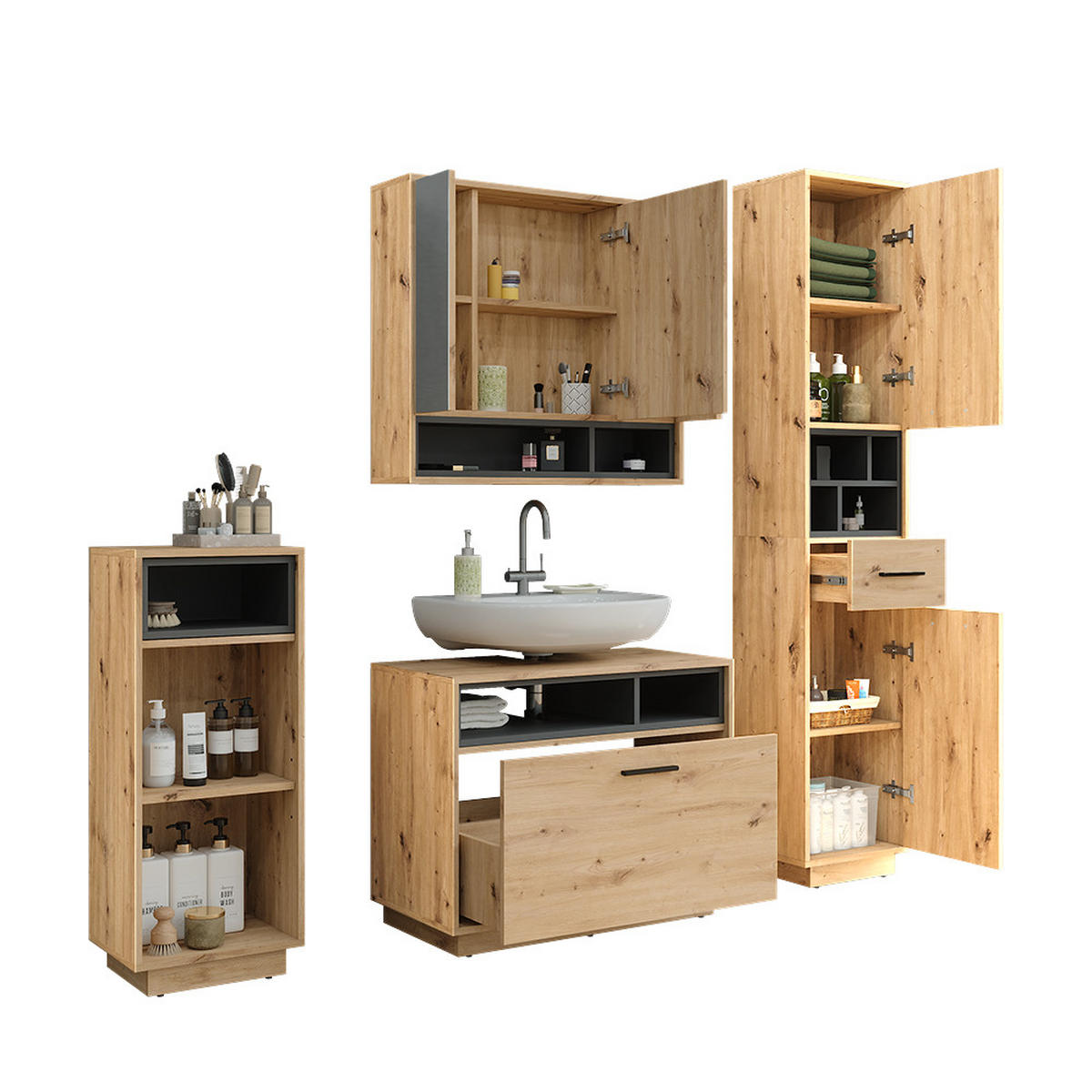 KOUPELNOVÁ SESTAVA NÁBYTKU Beatrice Dub Artisan/antracit - antracitová/dub artisan, kompozitní dřevo (80/64/35cm) - Vicco