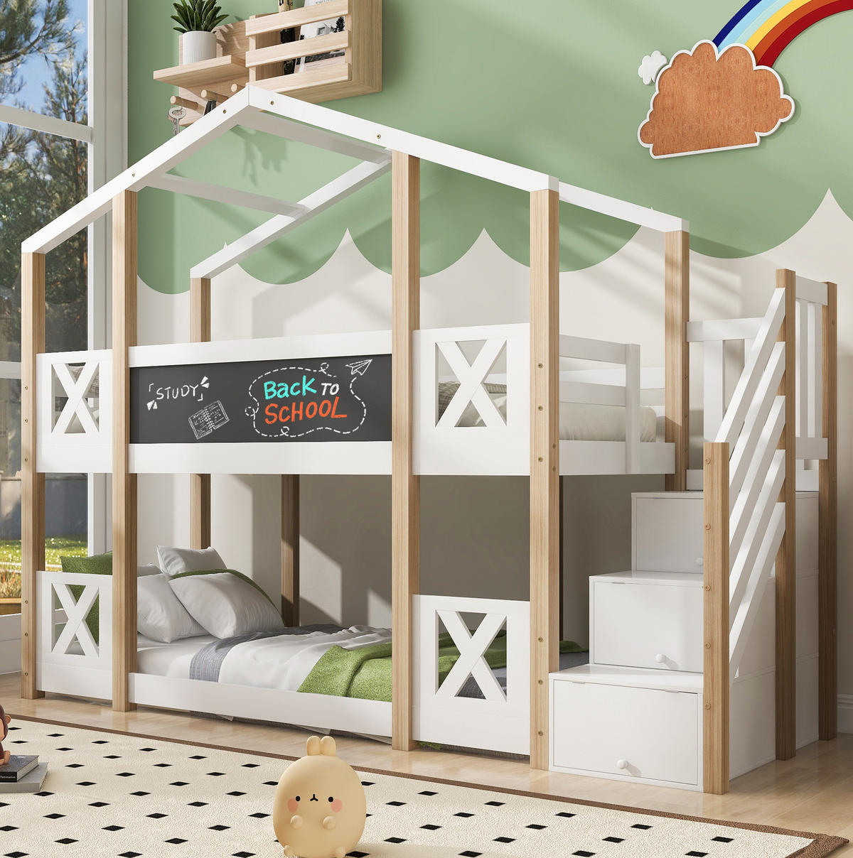 ETAGENBETT 90/200 cm mit Treppe, Stauraum, Tafel und Rausfallschutz, Weiß/Natur - Weiß, Holzwerkstoff - Redom