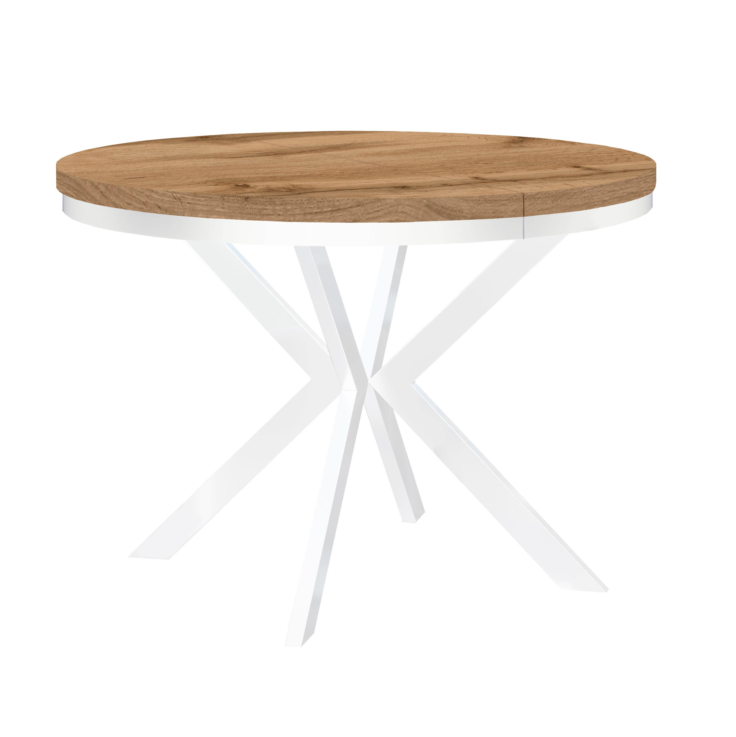 Dekori_Interiors ESSTISCH Runder Ausziehbarer Tisch für Esszimmer ENDIK mit Ring-Gestell und Metallbeinen, Durchmesser: 110 / 160 cm, Farbe: Eiche Lefkas / Weiß jetzt nur online ➤