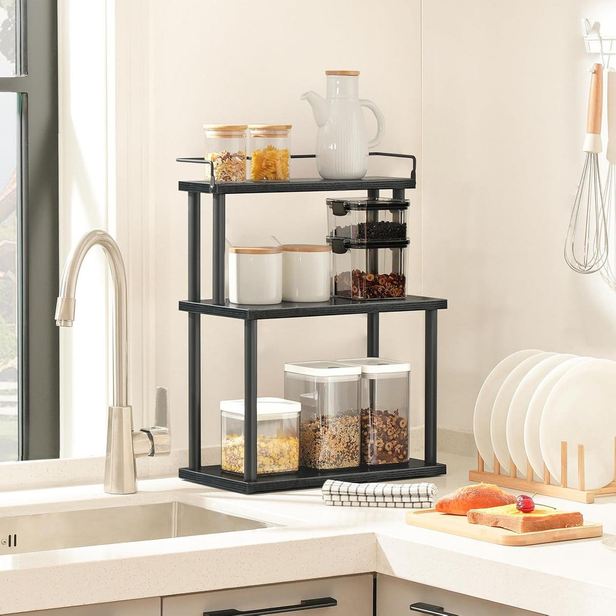 GEWÜRZREGAL mit 3 Ebenen Metall - Schwarz, Holzwerkstoff (38/50/18cm) - Hoobro