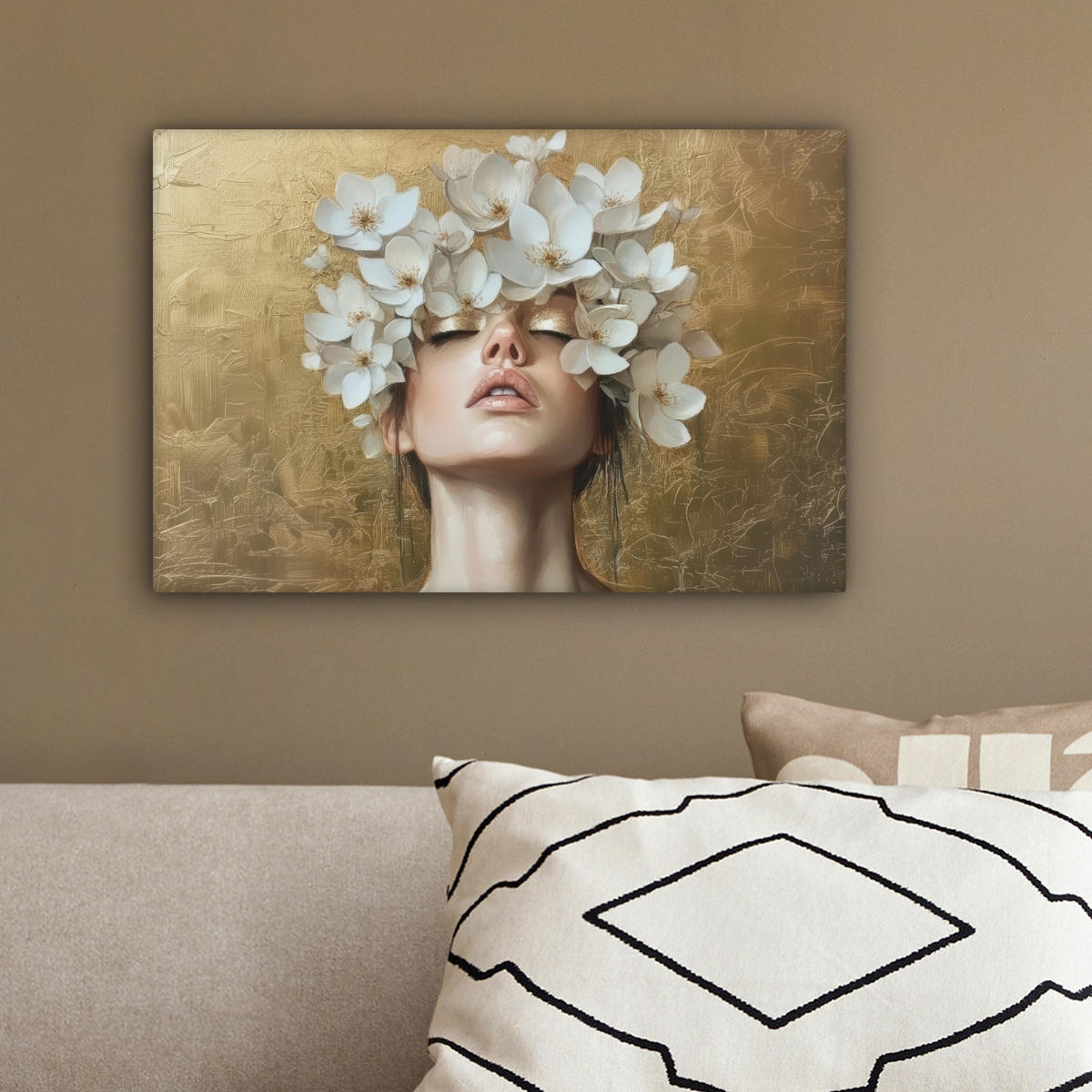 LEINWANDBILD Gesicht - Blumen - Gold - Abstrakt Deko Schlafzimmer 30x20 cm - Goldfarben, Textil (30/20cm) - MuchoWow