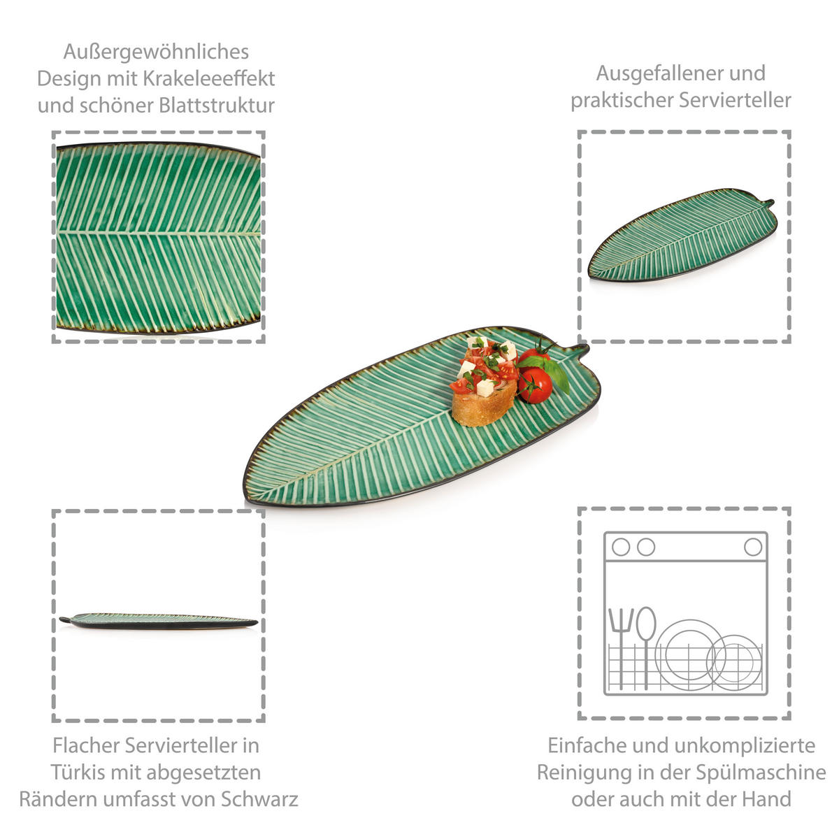 SERVIERPLATTEN PALM BEACH - Blattoptik aus Steingut - Grün, Keramik (39.3/11.95/22.25cm) - Sänger