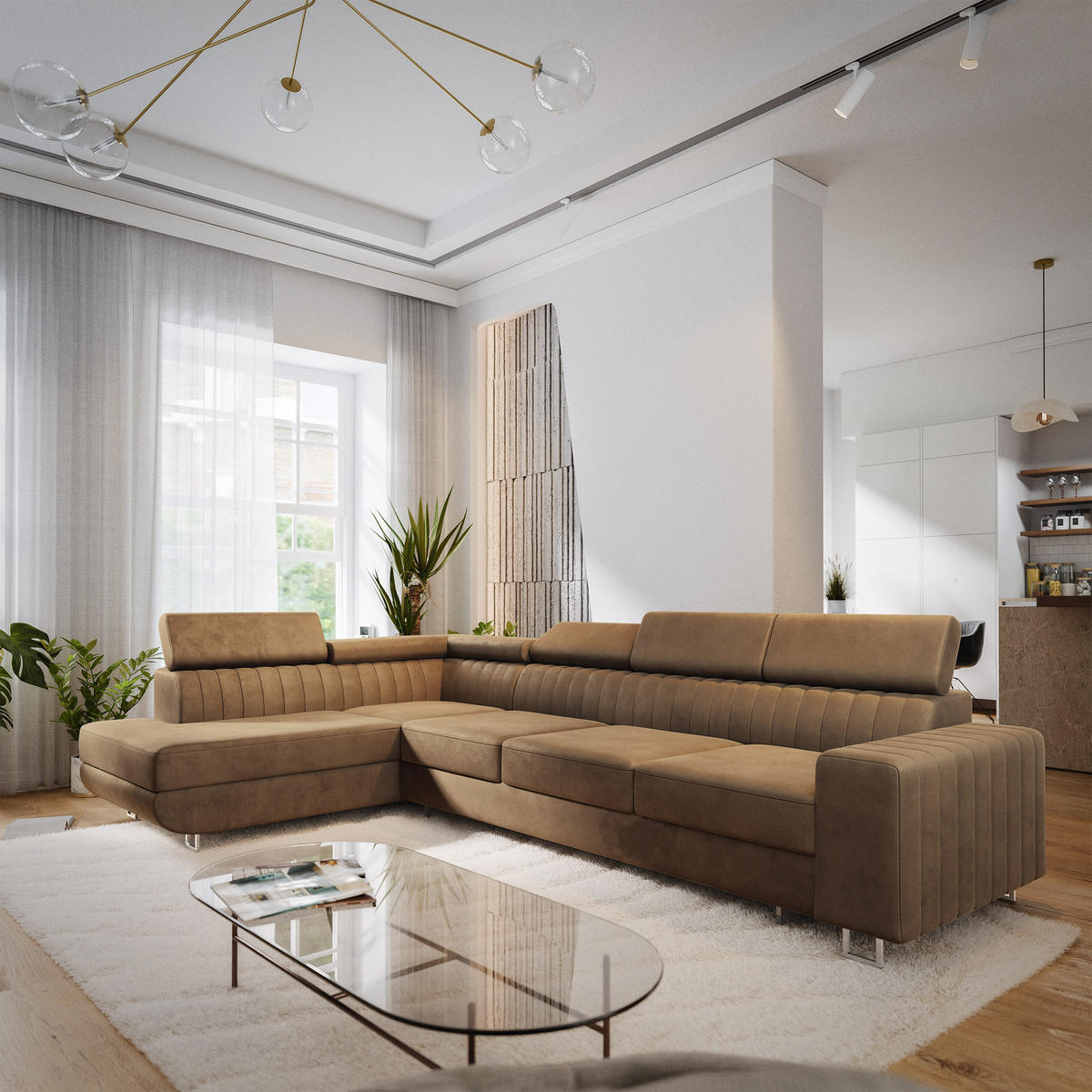 ECKSOFA HESTION Beige Velours-Stoff mit Schlaffunktion - Beige, Holz (332/190cm) - MASSENO