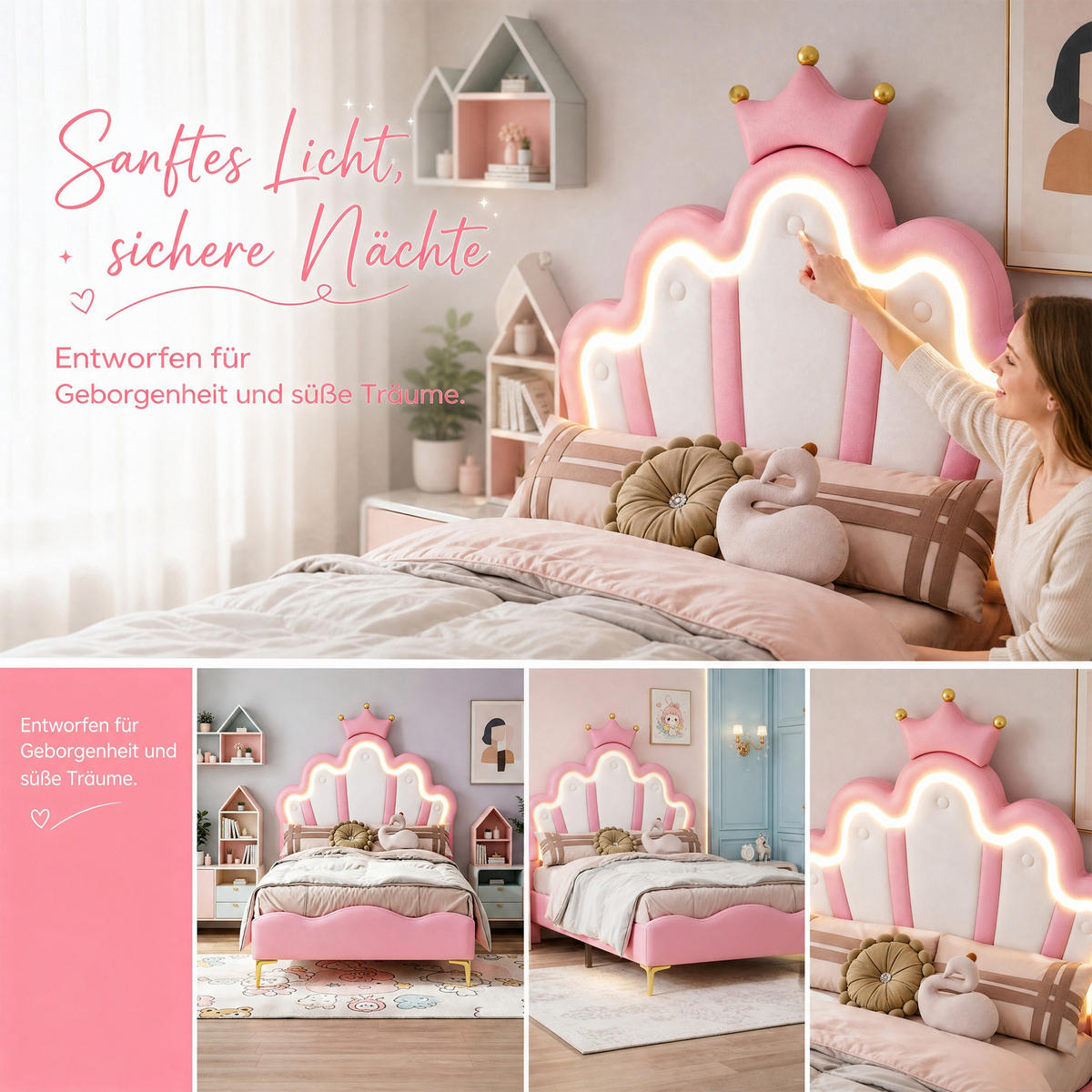 KINDERBETT 90x200 mit LED, Blütenblatt Kopfteil mit Krone, Rosa PU, höhenverstellbar - Pink, Leder/Holz (90/200cm) - GENKI LIVING