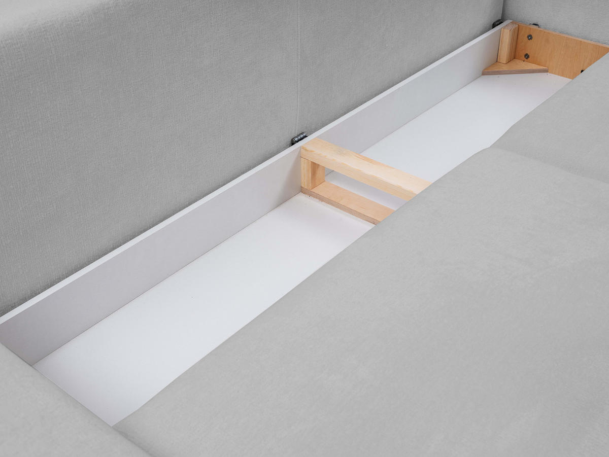 SOFA BOHO Mit Schlaffunktion Und Bettkasten, Wellenfederung, PUR-Schaum, Holzfüße, lose Rückenkissen, freistehend, 244x102x92 cm Grey - Grau, Holz/Textil (244/92/102cm) - DomoHome