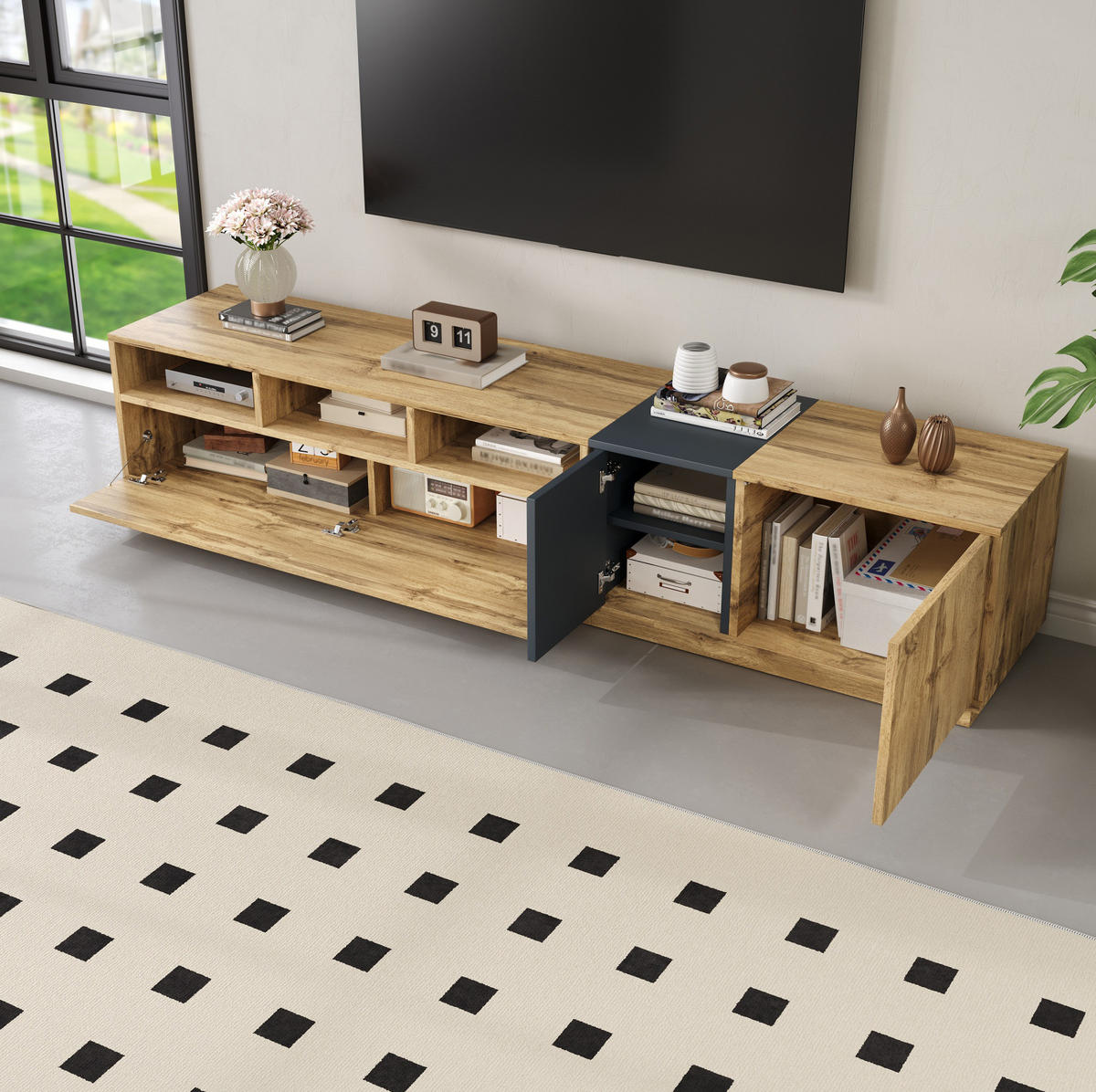 TV-STÄNDER 200/45/45 cm schwarz-grau mit Holzplatte und offenen Fächern - Schwarz, Holzwerkstoff (200/45/45cm) - OKWISH