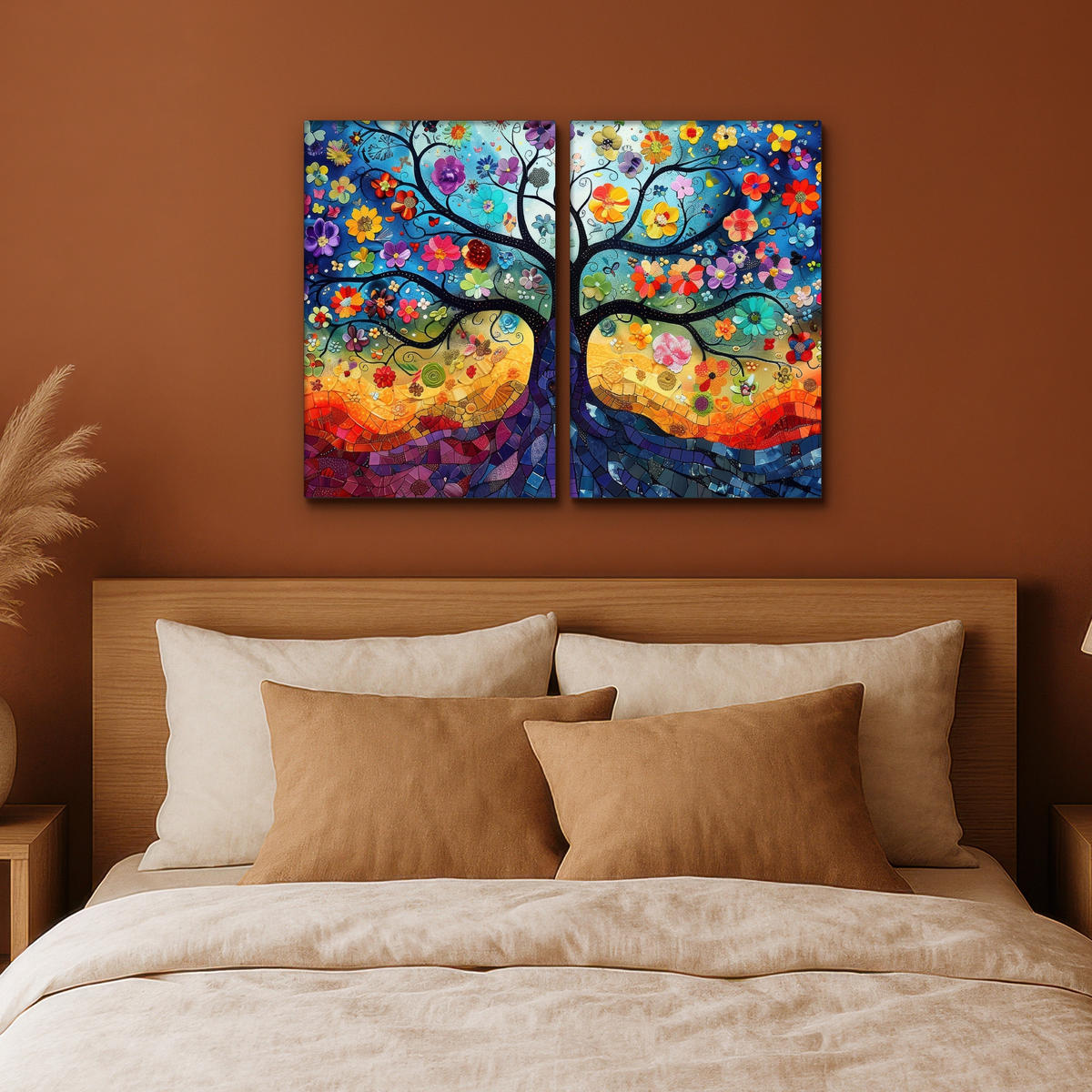 LEINWANDBILD 2er Set Bunt - Baum des Lebens - Blumen - Abstrakt 80x60 cm - Blau, Textil (80/60cm) - MuchoWow