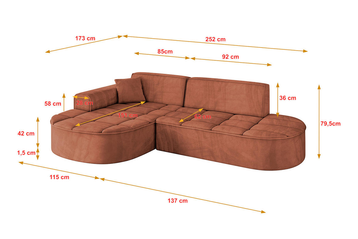 ECKSOFA Ottomane Links LIVO-L1 - 252x173x79,5 cm Apricot - Koralle, Holzwerkstoff/Textil (252/173cm) - ALTDECOR