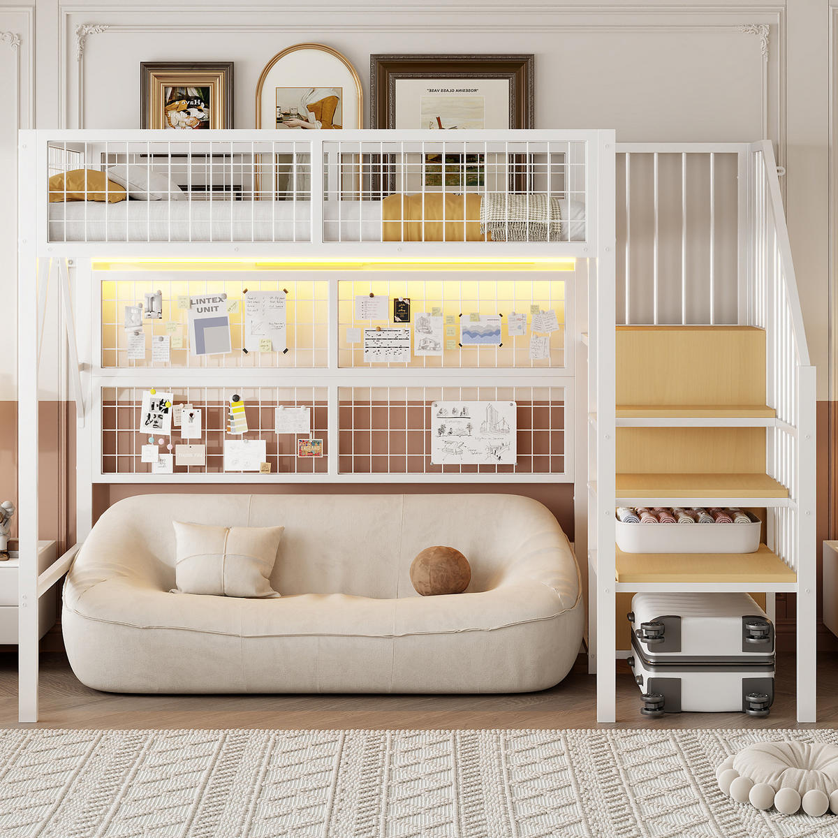 HOCHBETT 90/200 cm Weiß aus Metall mit Stauraumtreppe und LED-Beleuchtung - Weiß, Metall (90/200cm) - OKWISH