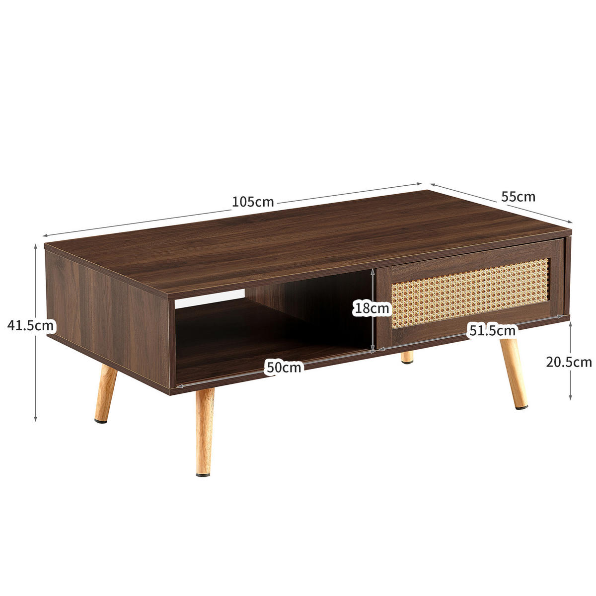 COUCHTISCH aus MDF in Braun mit Rattan-Schiebetür - Braun, Holzwerkstoff (105/55/41.5cm) - Modfu