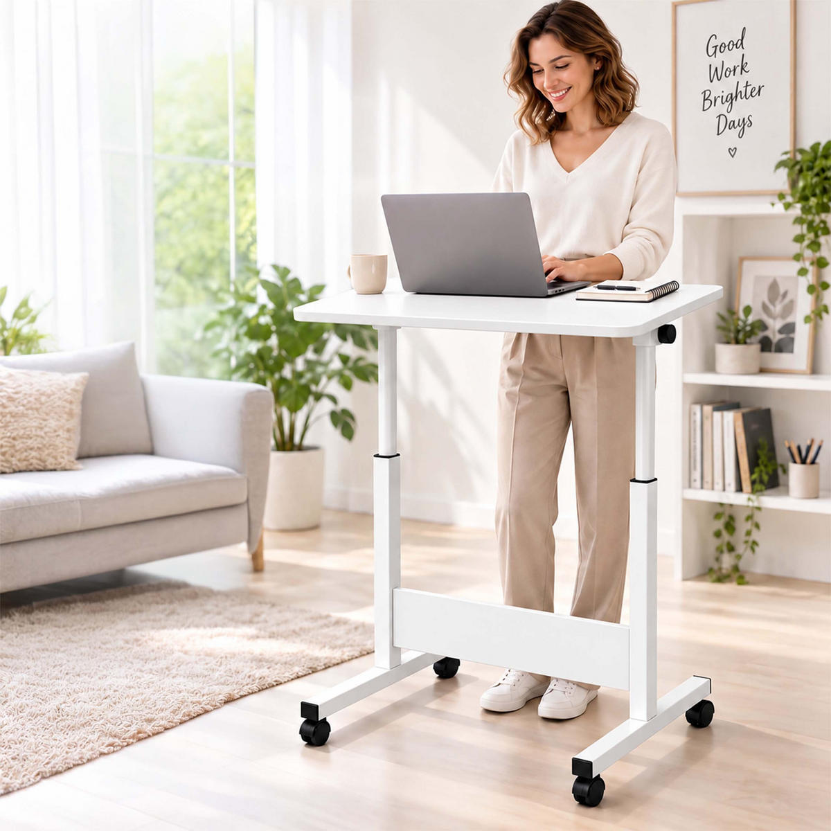 MASĂ Albă reglabilă pe înălțime cu roți - alb, material plastic/compozit lemnos (40/60/90cm) - Relaxdays