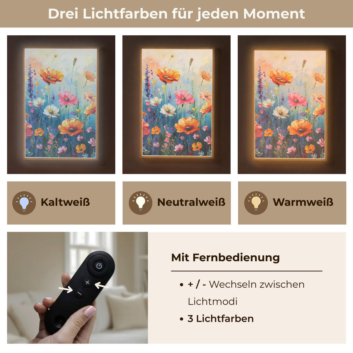 NÁSTĚNNÁ LAMPA S AKUMULÁTOREM Květiny - Příroda - Akvarel - Umění 70x100 cm - různobarevná, kompozitní dřevo (70/100/8cm) - OnlyWow
