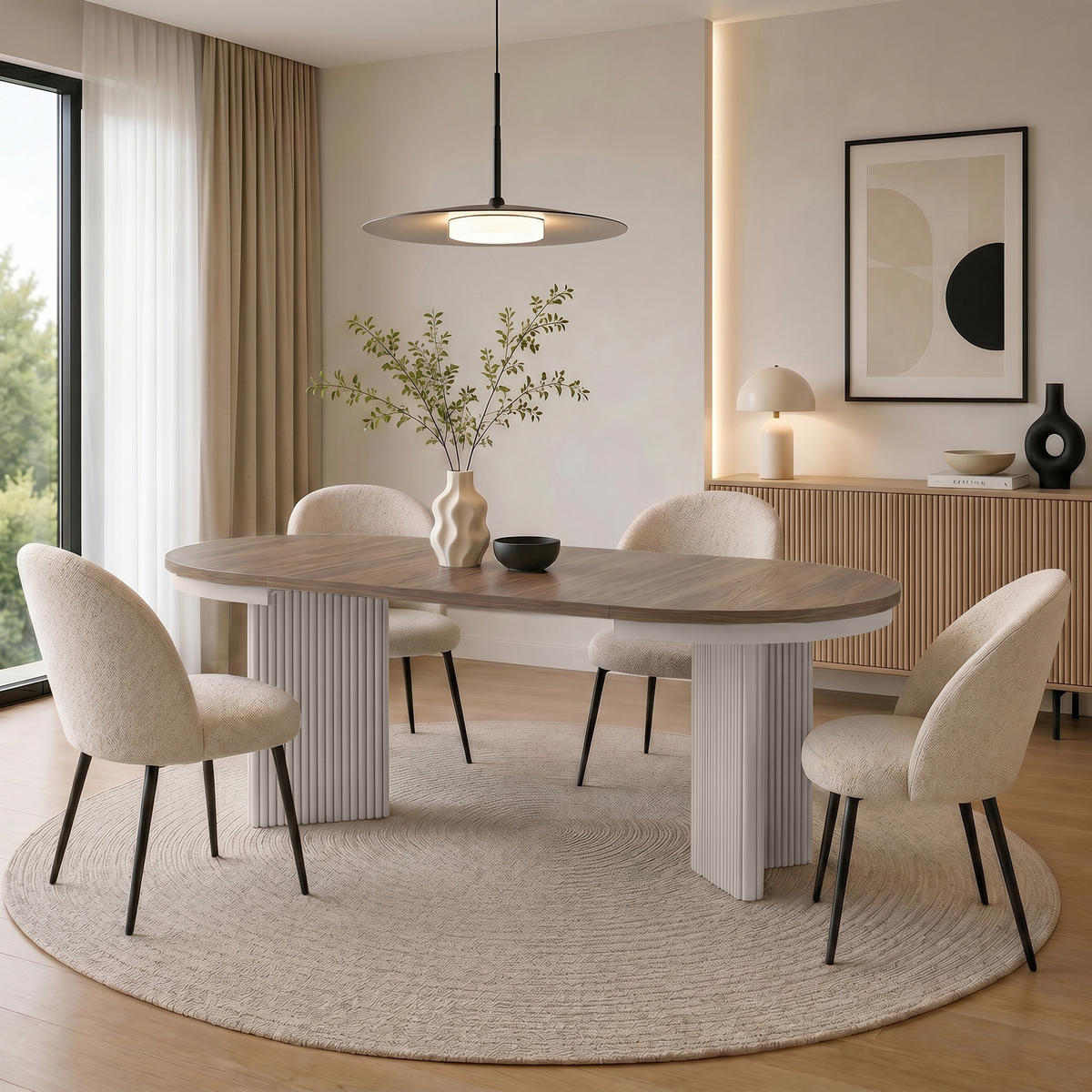 ESSTISCH Prestige runder Design-Tisch, ausziehbar Ø 100–180 cm, Walnuss+Kaschmir - Kaschmir/Walnussfarben, Metall (100/100/77cm) - Beautysofa