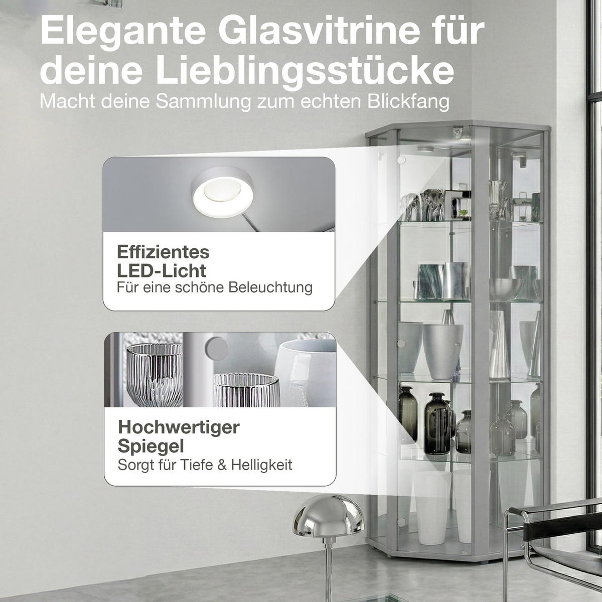 ECKVITRINE 56,5/56,5/176 cm mit Spiegel, LED & Schloss - Transparent/Silberfarben, Glas/Holzwerkstoff (56.5/176/56.5cm) - K-Möbel