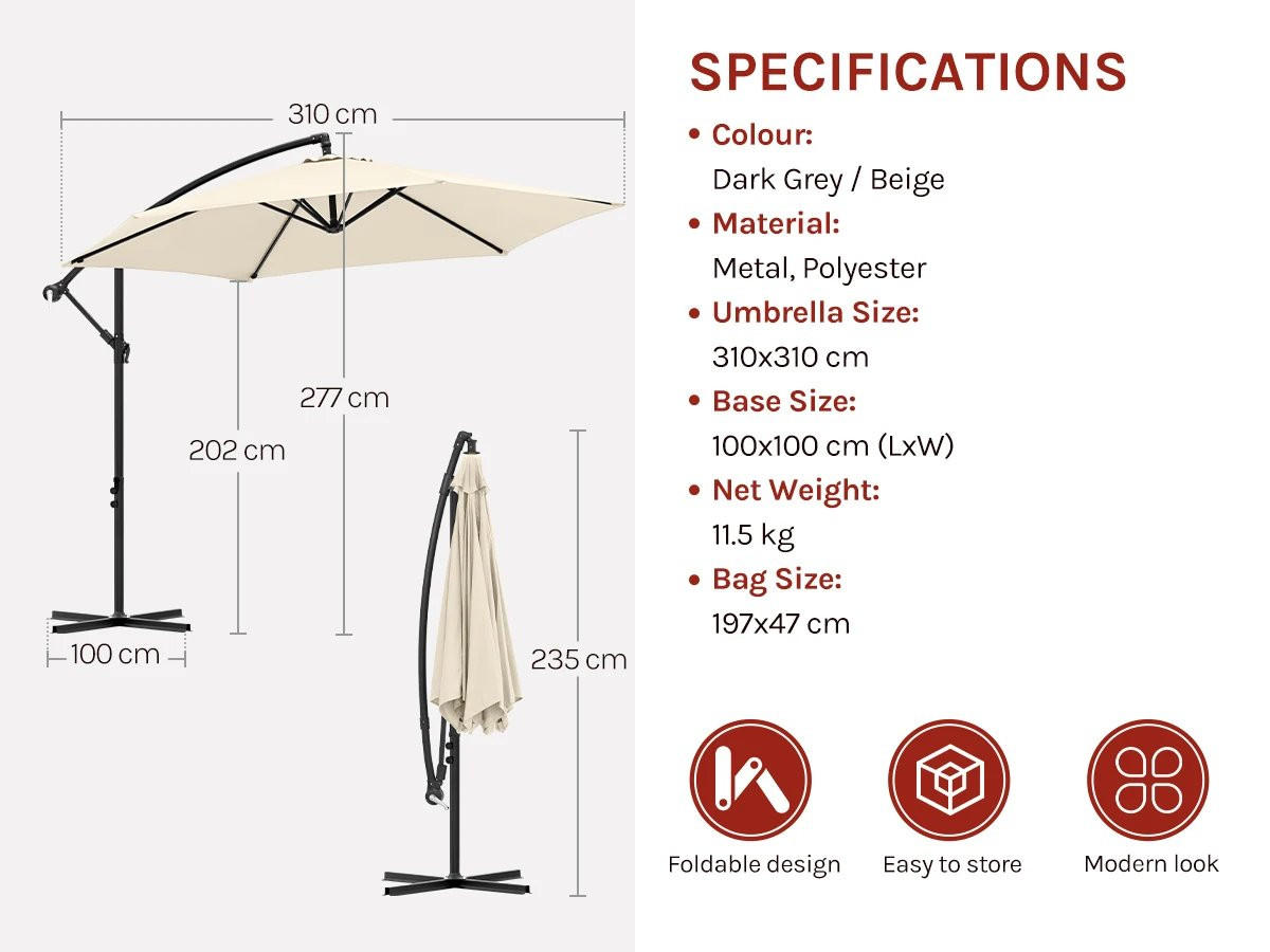 AMPELSCHIRM 310 cm Beige mit Tasche - Beige, Metall (310/310cm) - Bomclap