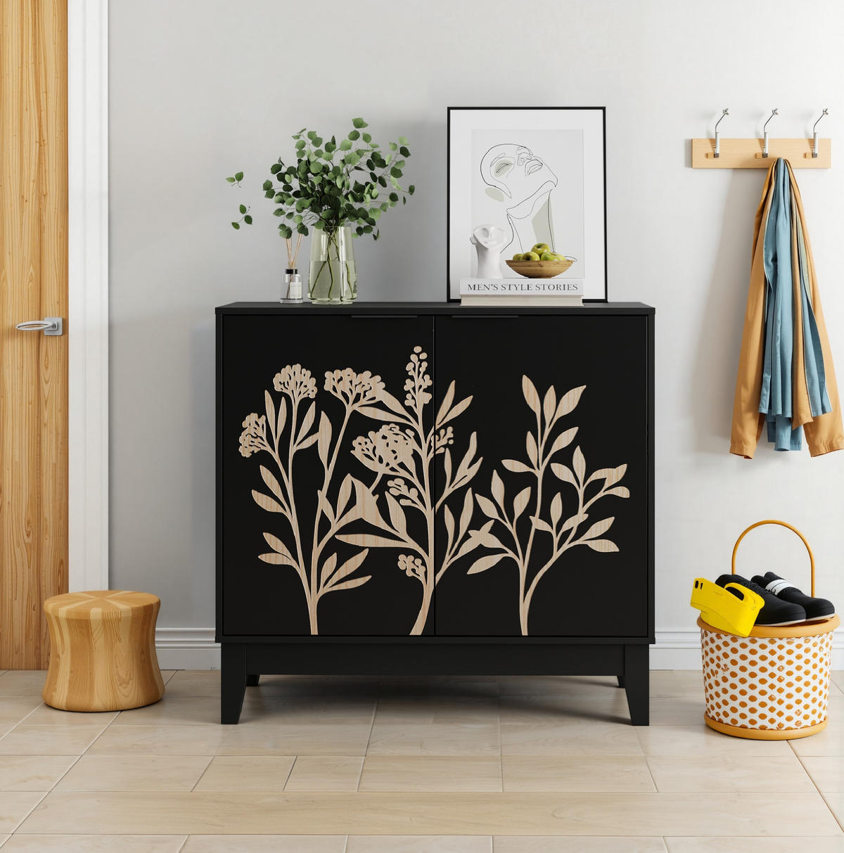 SIDEBOARD 80 cm mit 2 Türen und verstellbarem Einlegeboden, Blumenschnitzerei, Schwarz - Schwarz, Holzwerkstoff (80/76/38cm) - Redom