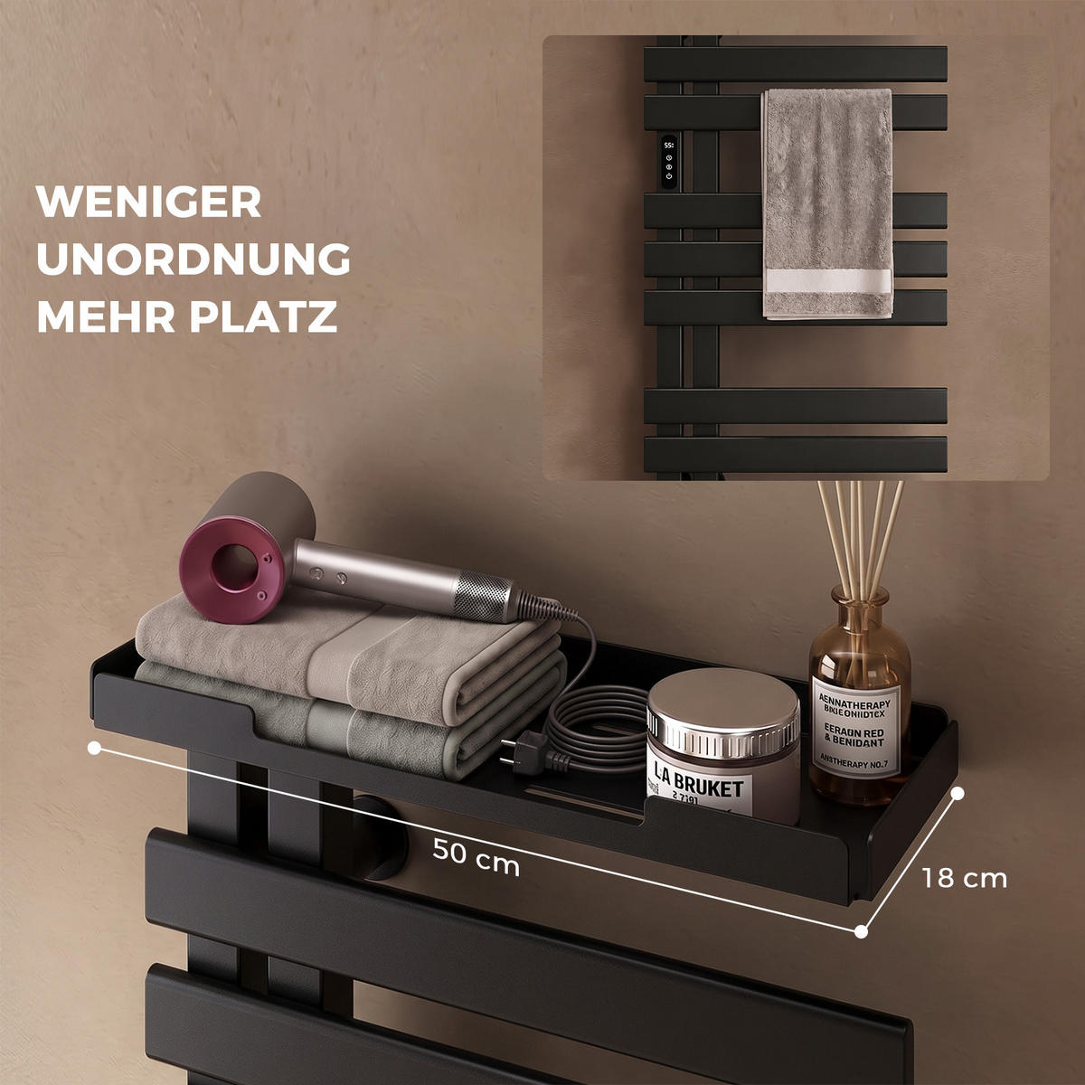 HEIZKÖRPER Elektrisch 100/50 cm Schwarz 335 W mit WLAN, Ablage und Carbon-Heizung - Schwarz, Metall (50/100/18.5cm) - S'AFIELINA
