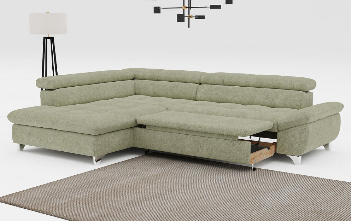 ECKSOFA mit Schlaffunktion und verstellbare Kopflehnen - Silberfarben/Grün, Textil/Metall (312/234cm) - Cotta