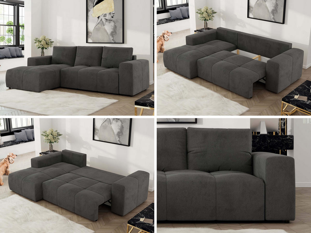 ECKSOFA MONIVA Dunkelgrau Velvet - Links - Dunkelgrau/Schwarz, Textil (164/266cm) - MKS
